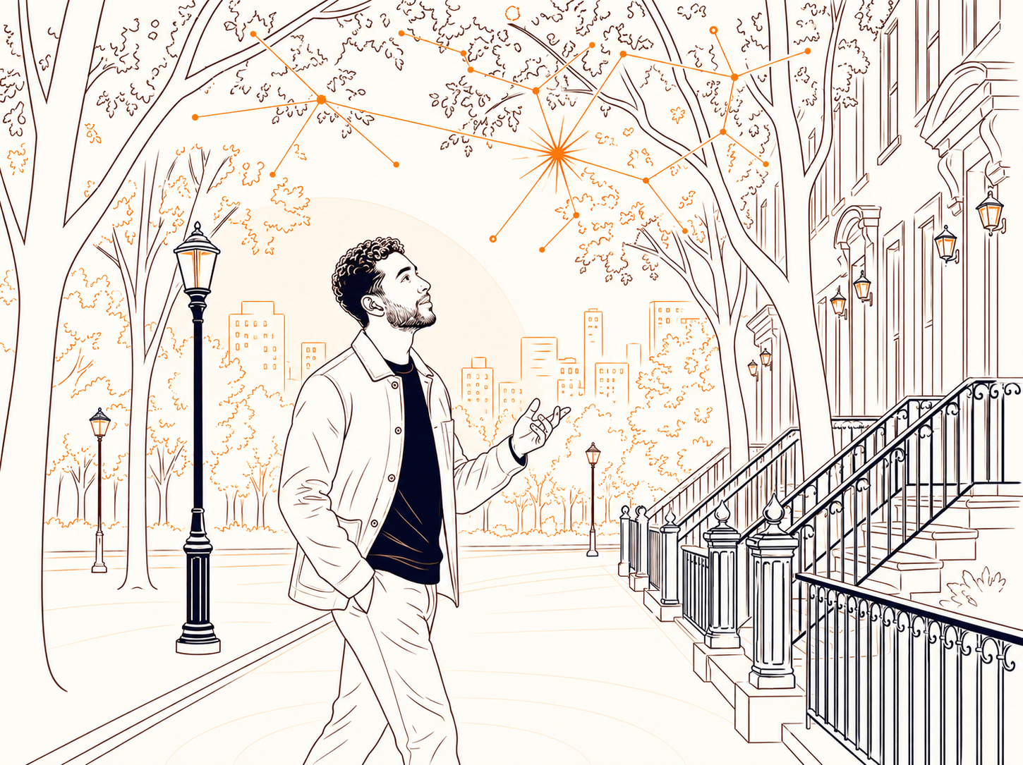 Illustration of a man on a tree-lined city street looking up at a glowing constellation of connected points